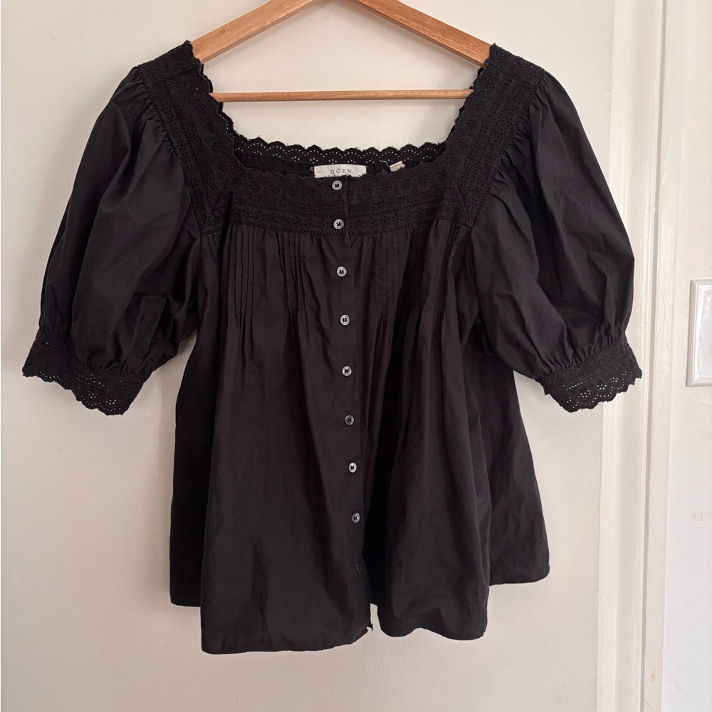 Doen Black Button-Down Blouse with Lace Detail